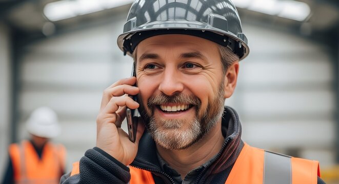 Smiling construction worker talking on the phone - Powered by Adobe