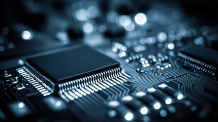 Close-Up of a Microchip on a Printed Circuit Board Showing Technology and Innovation