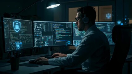 Male programmer or hacker working with multiple computer screens late at night, featuring coding and cyber security lock icons, video - Powered by Adobe