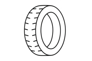 Black line art tire isolated on a transparent background, simple style