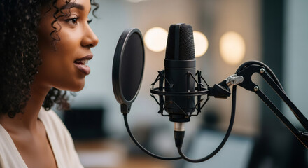 Woman speaking into a microphone with a pop filter. Podcasting and voice recording concept. Content creation for radio and online streaming.