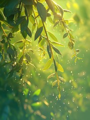 Sunlight filtering through lush green leaves, creating a serene and vibrant natural scene
