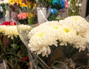 Close-up of white chrysanthemum bouquets