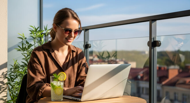Woman in sunglasses using laptop on balcony with drink. Remote work concept for digital nomad lifestyle. Freelancer working outdoors. - Powered by Adobe