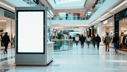 Obraz premium Blank Advertisement Billboard Mockup Display in Busy Shopping Mall, Retail Environment with Shoppers and Stores