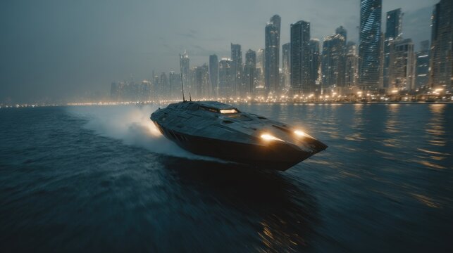Futuristic boat speeds across water with cityscape background at dusk