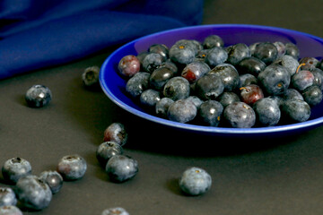 Blueberry still life on black plate with dark background and blue fabric