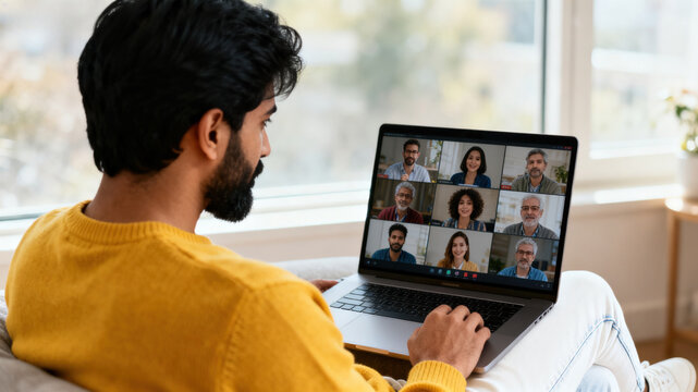 A man is using a laptop for a video conference with multiple participants visible on the screen. - Powered by Adobe
