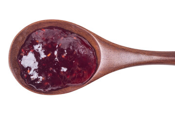 Isolated raspberry jam in wooden spoon, top view, close up