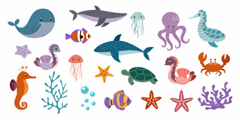 Collection of cute cartoon sea creatures and marine life with coral and bubbles