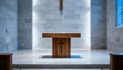 Simple Wooden Altar in a Modern Church Interior with a Minimalist Design and Natural Light