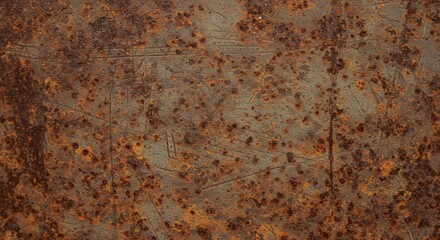 Naklejka premium A detailed close-up of a textured, weathered, and corroded rusty metal surface, showcasing a rich tapestry of brown and orange hues