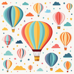 Obraz premium Colorful Hot Air Balloons With Clouds and Stars on White Background