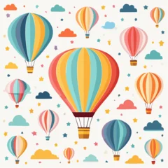 Wanddecoratie Luchtballon Colorful Hot Air Balloons With Clouds and Stars on White Background  © Eos