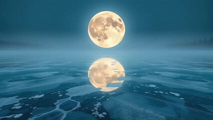 Blue full moon over a dark sea at midnight with moonlight reflection on the water