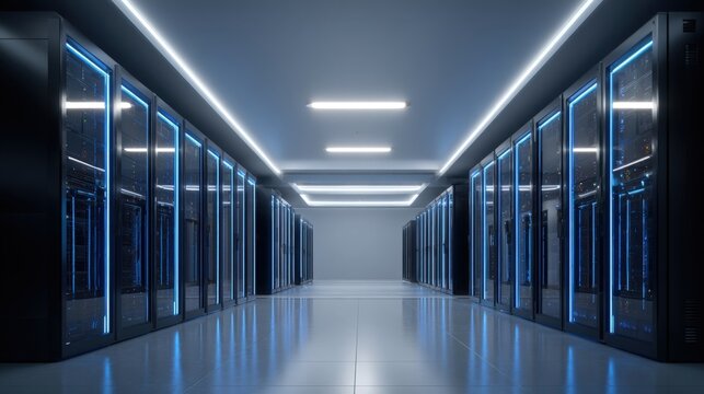 Data Center Server Room: Modern Blue-lit Network Infrastructure for Cloud Computing and Information Technology - Powered by Adobe