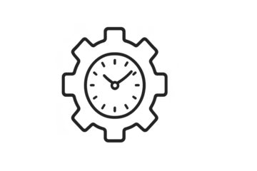 Isolated time settings icon: gear with clock, transparent background.