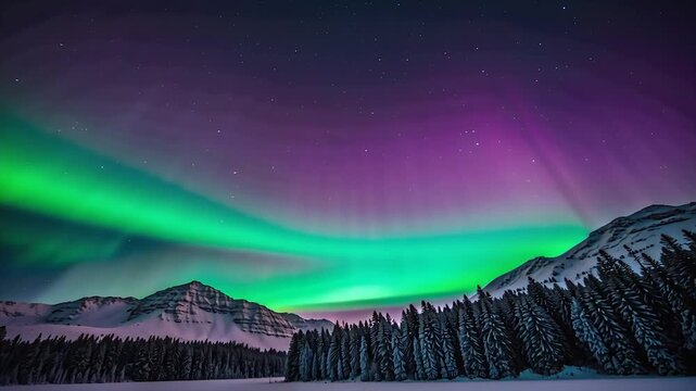 Time-lapse of flowing green aurora over a desolate icy tundra under starry night

