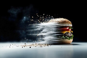 Fast Food Explosion Concept, Cheeseburger Disintegrating into Crumbs on Dark Background