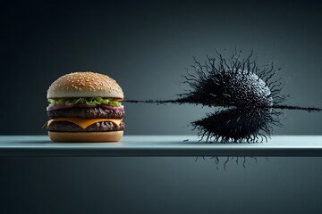 Fast Food and Virus Concept, Cheeseburger with Pathogen Symbolizing Health Risks