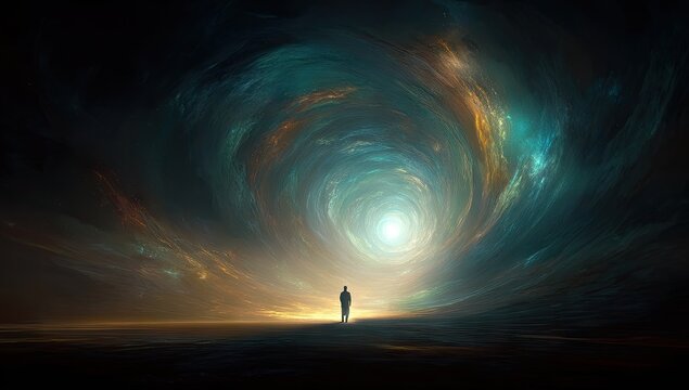 Lone figure gazes into swirling cosmic nebula of light and color.