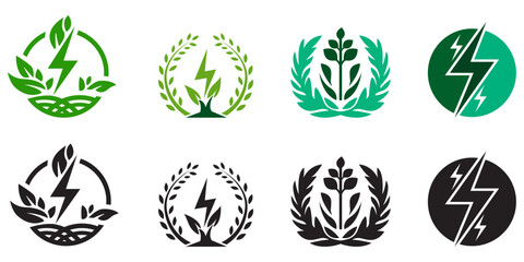 Explore eco friendly and energy themed logos combining natural elements like leaves and plants with lightning bolts. Perfect for renewable energy brands, environmental initiatives, green technology.