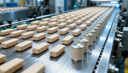 Automated Food Production: Product Manufacturing on a Conveyor Belt in a Modern Industrial Setting