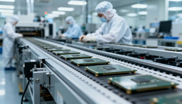 Semiconductor Manufacturing: Microchips on Conveyor Belt in Cleanroom, High-Tech Production Facility with Workers in Protective Gear