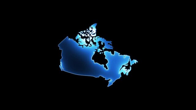 Blue glowing outline map of Canada on a black background geography country