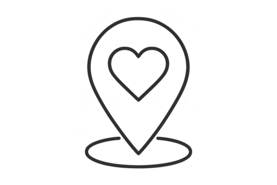 Outline map pin with heart icon isolated on transparent background, location favorite