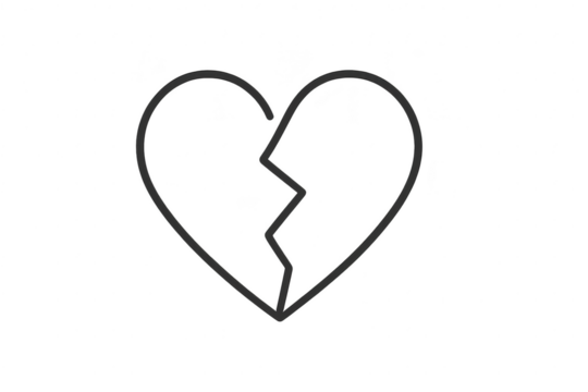 Broken heart outline graphic for sadness, isolated on a transparent background - Powered by Adobe