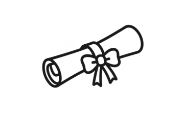 Simple line art icon of a rolled diploma with a bow, isolated on transparent background