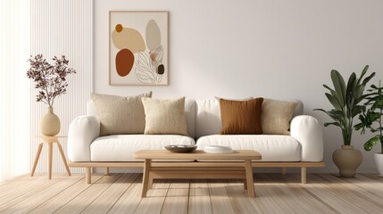 Cozy Living Room Interior with Modern Sofa, Artwork, and Plants in a Minimalist Style