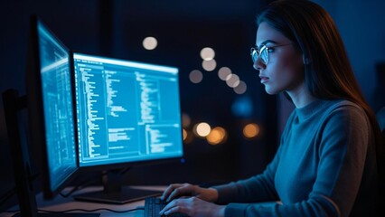 Young woman coding on multiple monitors at night