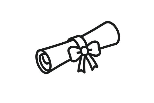 Simple line art icon of a rolled diploma with a bow, isolated on transparent background