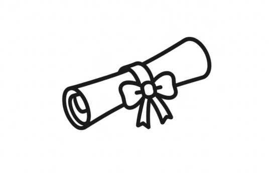 Simple line art icon of a rolled diploma with a bow, isolated on transparent background