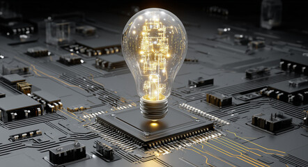 Glowing light bulb on microchip symbolizing innovation