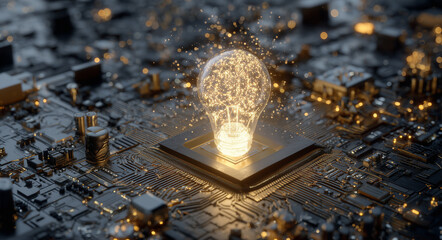 Glowing light bulb on microchip symbolizing innovation