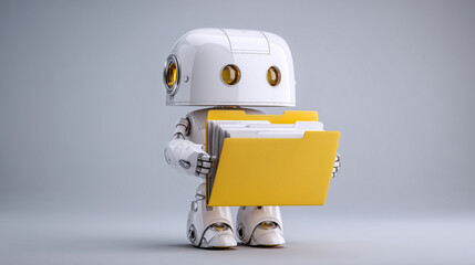 Futuristic robot analyzing digital data folder