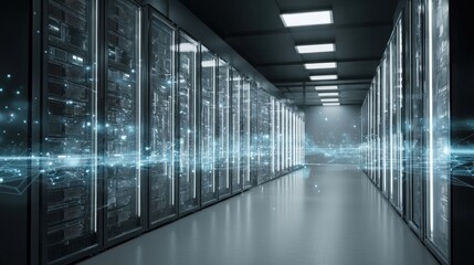 Modern Server Room with Data Flow, Network Infrastructure, Hosting Center, and High Tech Environment