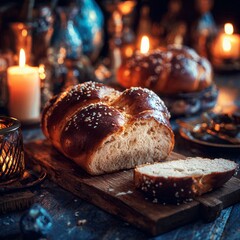 Artisan Braided Bread Loaf with Sesame Seeds on Rustic Wooden Board, Bathed in Warm Candlelight, Evoking Cozy Traditional Atmosphere