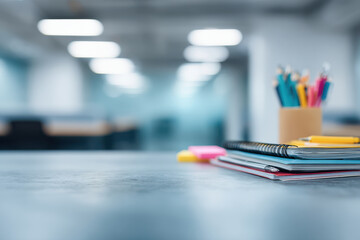 modern study space featuring textbook and variety of stationery items with blurred white text bars overlaying scene
