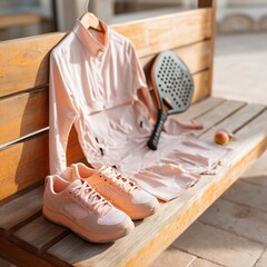 Peach Padel Sports Gear: Racket, Athletic Wear, and Sneakers on a Sunny Wooden Bench