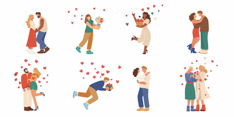 Diverse couples and individuals celebrating love and romance with gifts and flowers surrounded by hearts