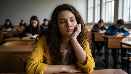 Bored student daydreams during lecture in classroom