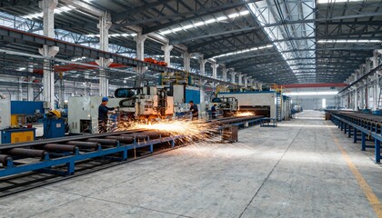 Fototapeta premium Industrial Manufacturing: Automated Steel Production Line with Workers Welding and Operating Machinery in a Modern Factory