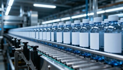 Obraz premium Automated Bottling Plant: Production Line of Plastic Water Bottles with Blank Labels Ready for Branding