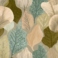 Abstract seamless pattern of diverse stylized leaves with natural textures and earthy color palette