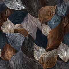 Elegant seamless pattern of abstract leaves with textured lines in muted earthy brown, grey, and blue tones, artistic nature background.