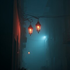 Atmospheric night scene: glowing lanterns in a misty, historic urban alley